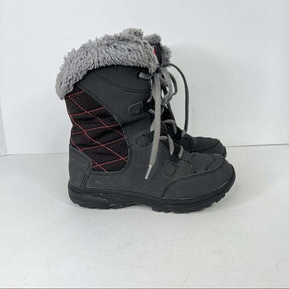 Columbia charcoal gray pink faux fur trim winter lace up ankle snow boots size 1 - Picture 10 of 10